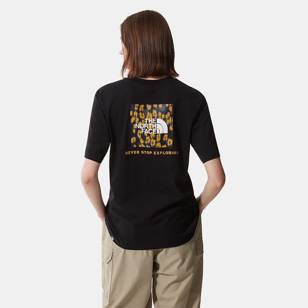 The North Face T-Shirts Womens Australia - The North Face Relaxed Redbox Black / Yellow Leopard (AKW